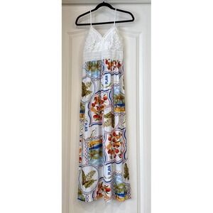 Derek Heart Floral Stamp Travel Maxi Dress Crochet Top Side Slits Beach Cruise